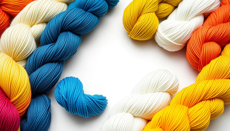 Colorful skeins of acrylic yarn arranged in a rainbow pattern
