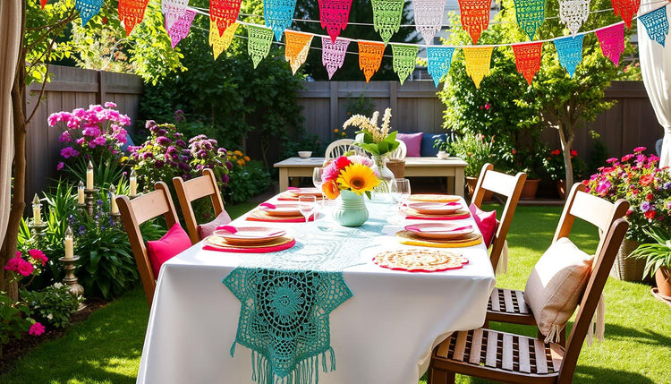 Outdoor party table setting with colorful crochet decorations including table runner and coasters