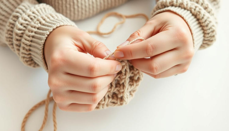 A beginner crocheter working on maintaining even tension in a simple project