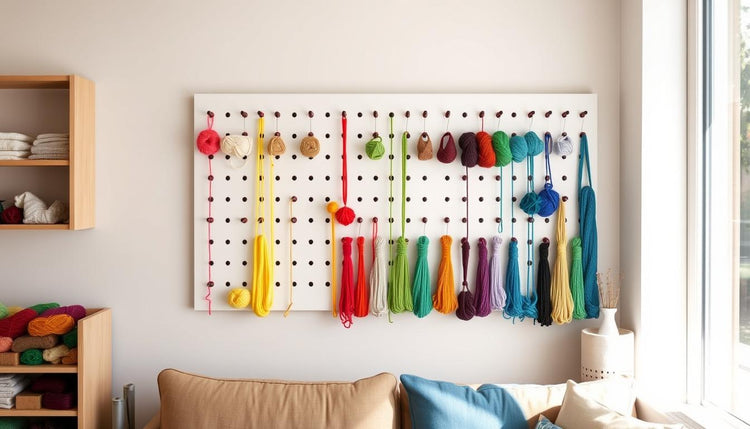 DIY pegboard yarn storage system mounted on wall with colorful yarn arranged by color