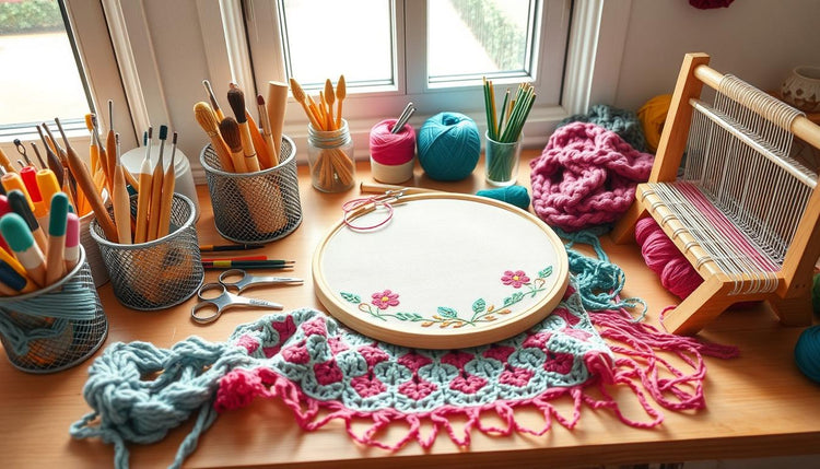 A workspace showing crochet hooks alongside knitting needles, embroidery hoops, and weaving tools - demonstrating how to incorporate crochet with other fiber arts
