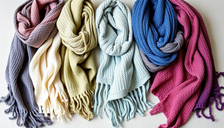 Collection of scarves and shawls made with different yarn types including merino wool, alpaca, and silk blends showing the best yarn type for different projects