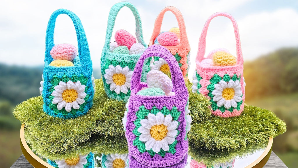 Easy 3 Daisy Granny Square Easter Basket Crochet Pattern!