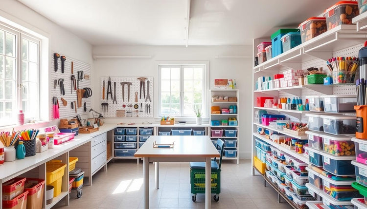 Bright and organized perfect craft space with labeled storage and a central work table