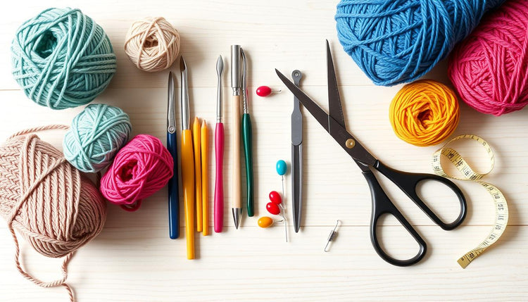 A collection of essential crochet tools including hooks, yarn, and accessories arranged neatly on a wooden surface