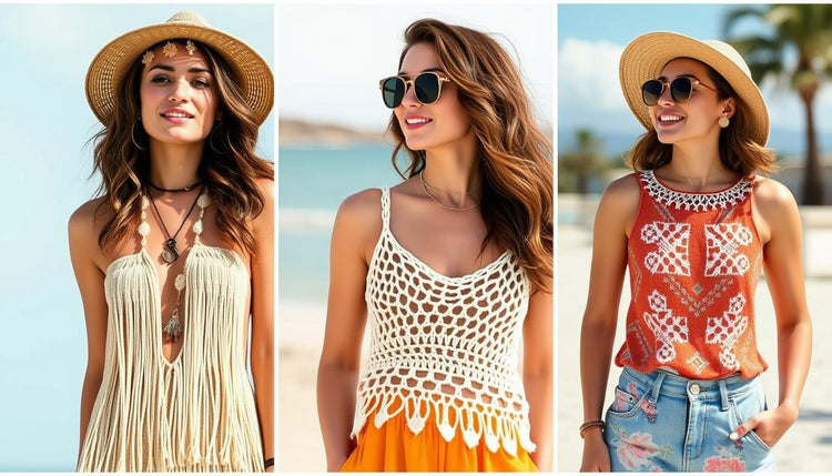 Free crochet top patterns summer 2025 trend collage showing bohemian, minimalist and retro styles