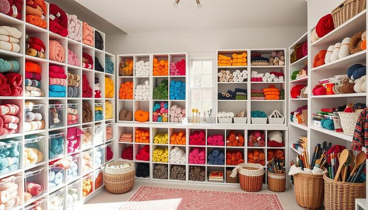 Organized yarn collection with various storage solutions showing how to organize your yarn effectively
