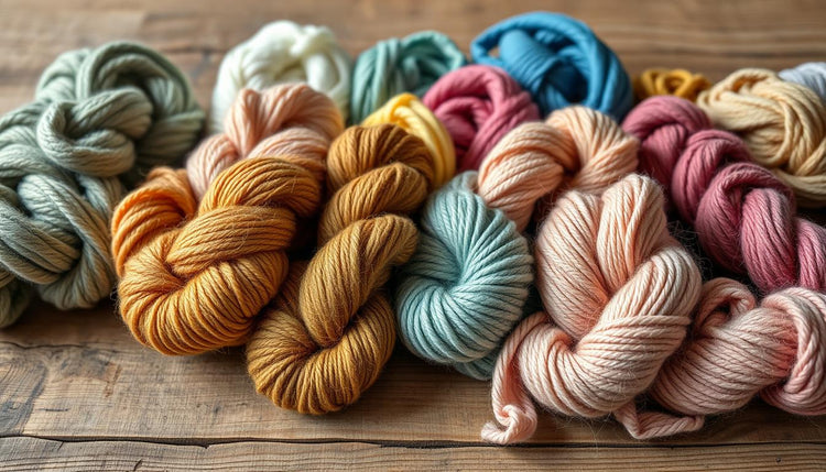 Various skeins of colorful wool yarn arranged on a wooden table