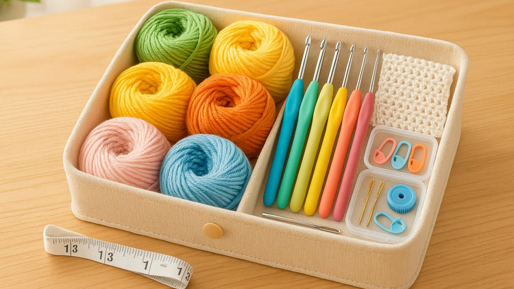 Organized DIY crochet kit with colorful yarn, hooks, and accessories on a wooden table