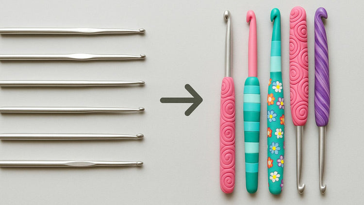 Before and after comparison of regular crochet hooks and DIY crochet hook handles with polymer clay