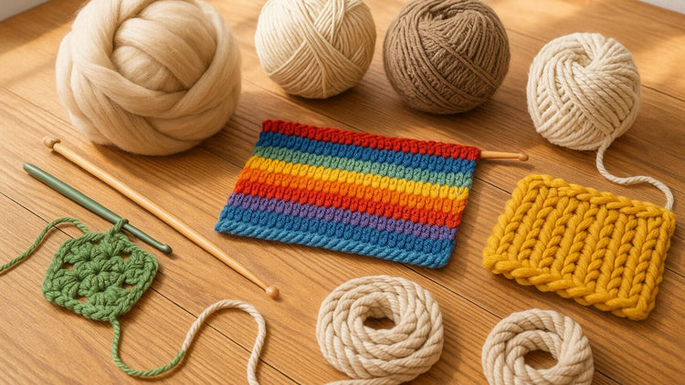 Various yarn fiber types and project ideas displayed on a wooden table