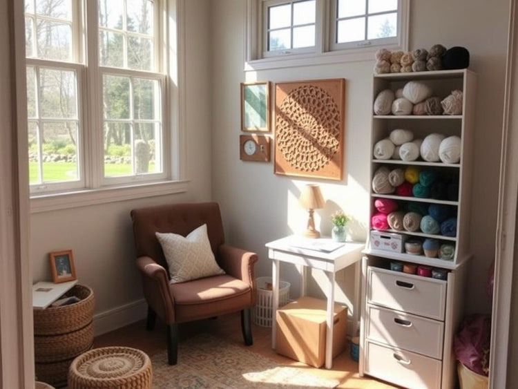 A bright corner crochet space with natural light streaming through windows