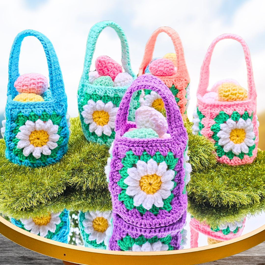 3 Daisy Granny Square Easter Basket Pattern - Fast and Easy!