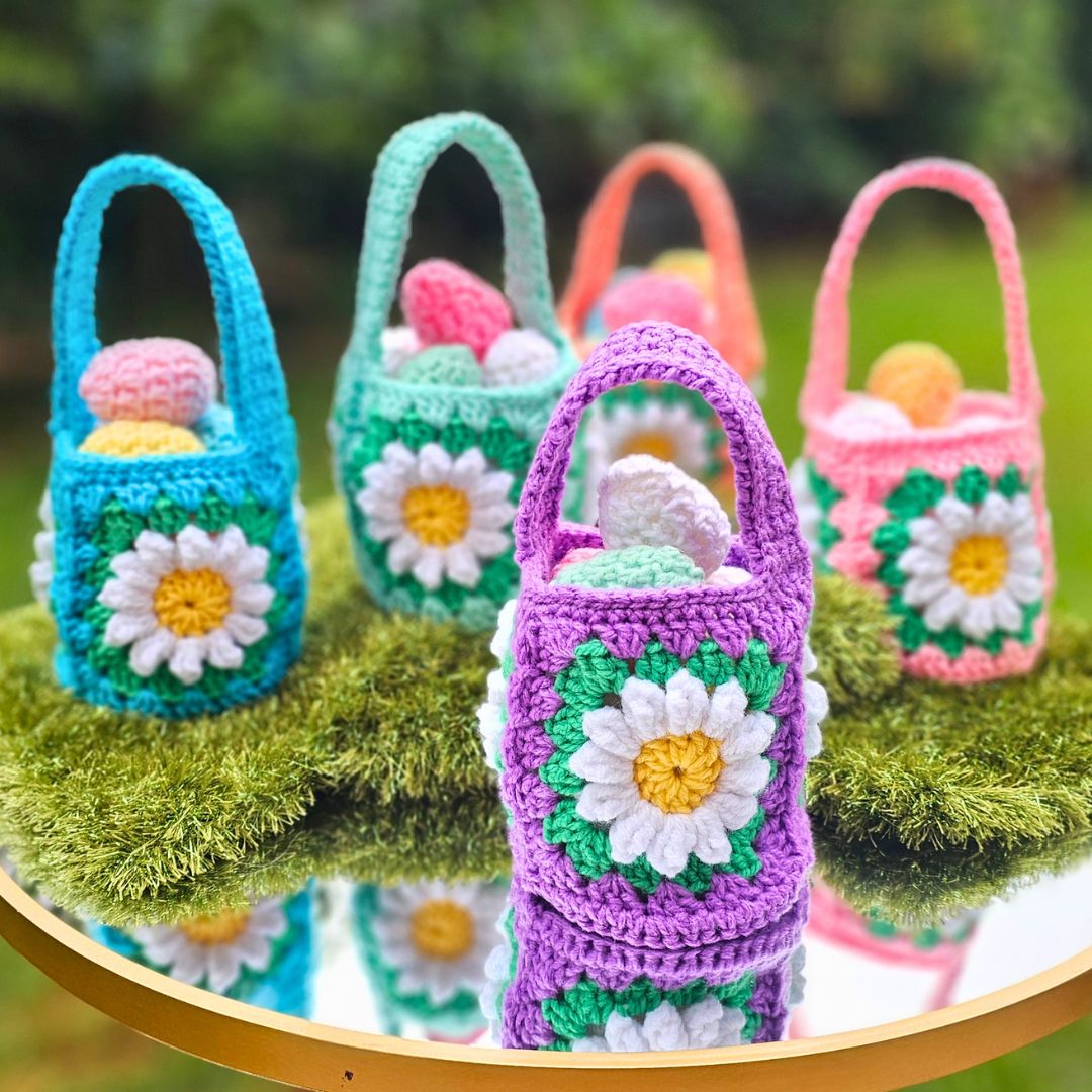 3 Daisy Granny Square Easter Basket Pattern - Fast and Easy! Secret Yarnery