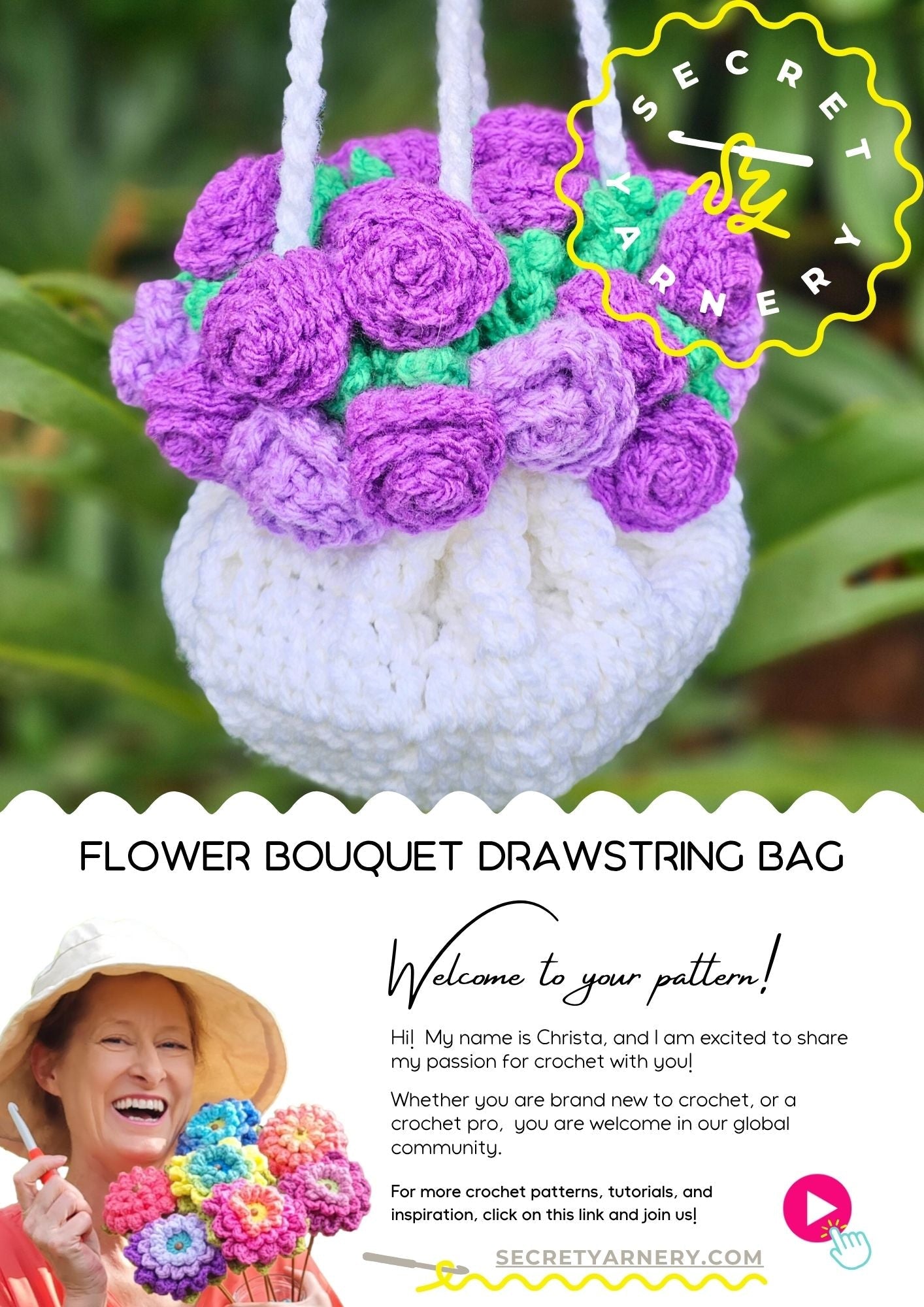 Flower Bouquet Crochet Drawstring Bag Pattern PDF Secret Yarnery