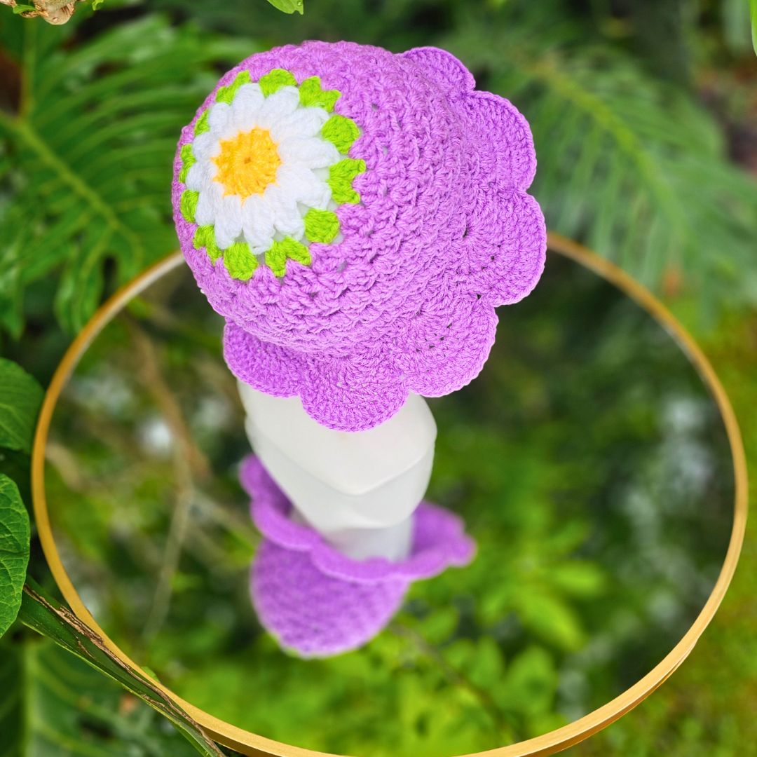 Handcrafted Floral Crochet Hat - White and Purple Purple Crpchet Handmade Hat With Crocheted White Flower - Etsy main image 4