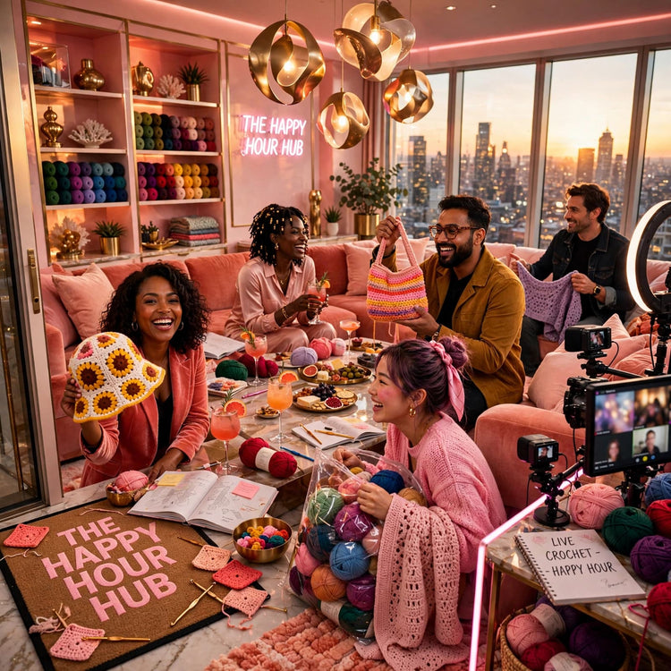 Friends laughing on pink sofas, showing off crochet makes during a live video crochet session