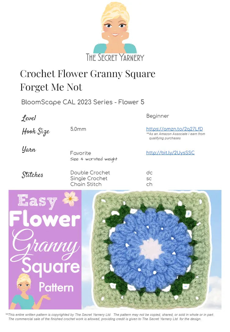 Forget Me Not Crochet Flower Granny Square – BloomScape CAL Block 5 Pattern