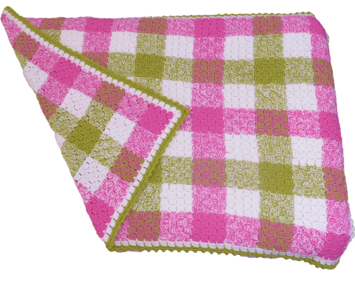 Gingham Crochet Corner-to-Corner Blanket – Easy Crochet Pattern with Bobble Border.