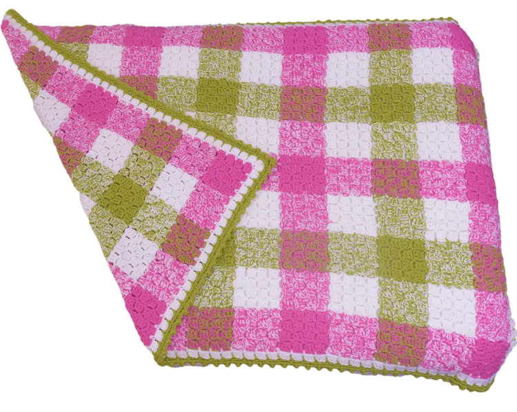 Gingham Crochet Corner-to-Corner Blanket – Easy Crochet Pattern with Bobble Border.