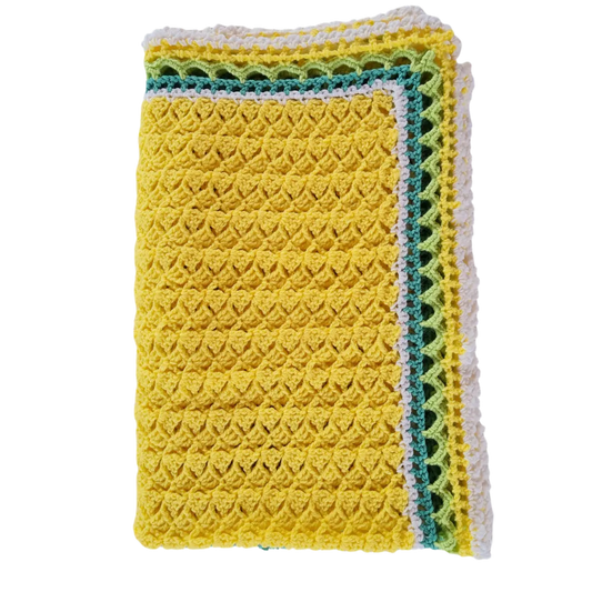 Pin Curl Granny Baby Blanket with Loops & Bridges Border – Elegant Crochet Pattern for Beginners.