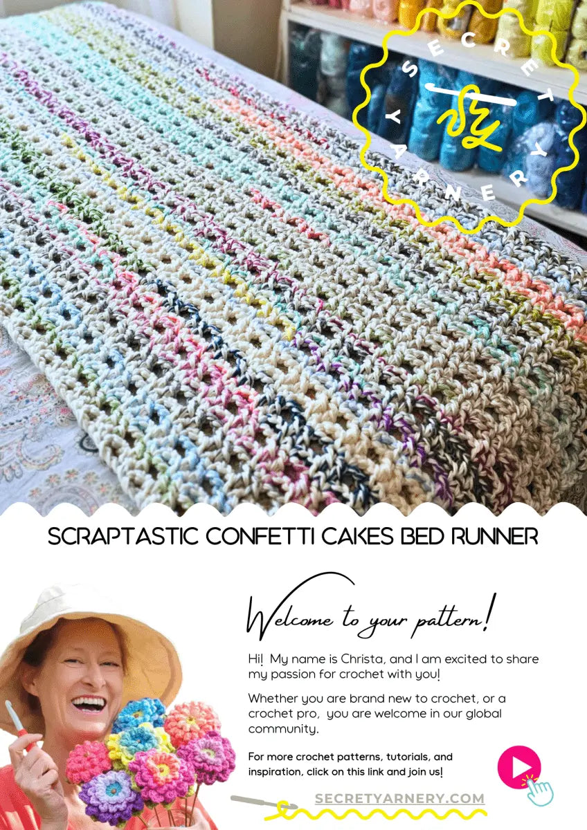 Scraptastic Confetti Cakes Crochet Bed Runner.