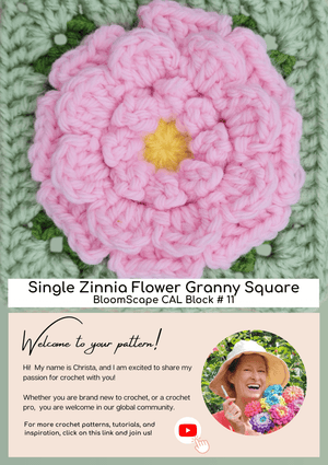 Single Zinnia Flower Granny Square - BloomScape CAL Block # 11 - The Secret Yarnery