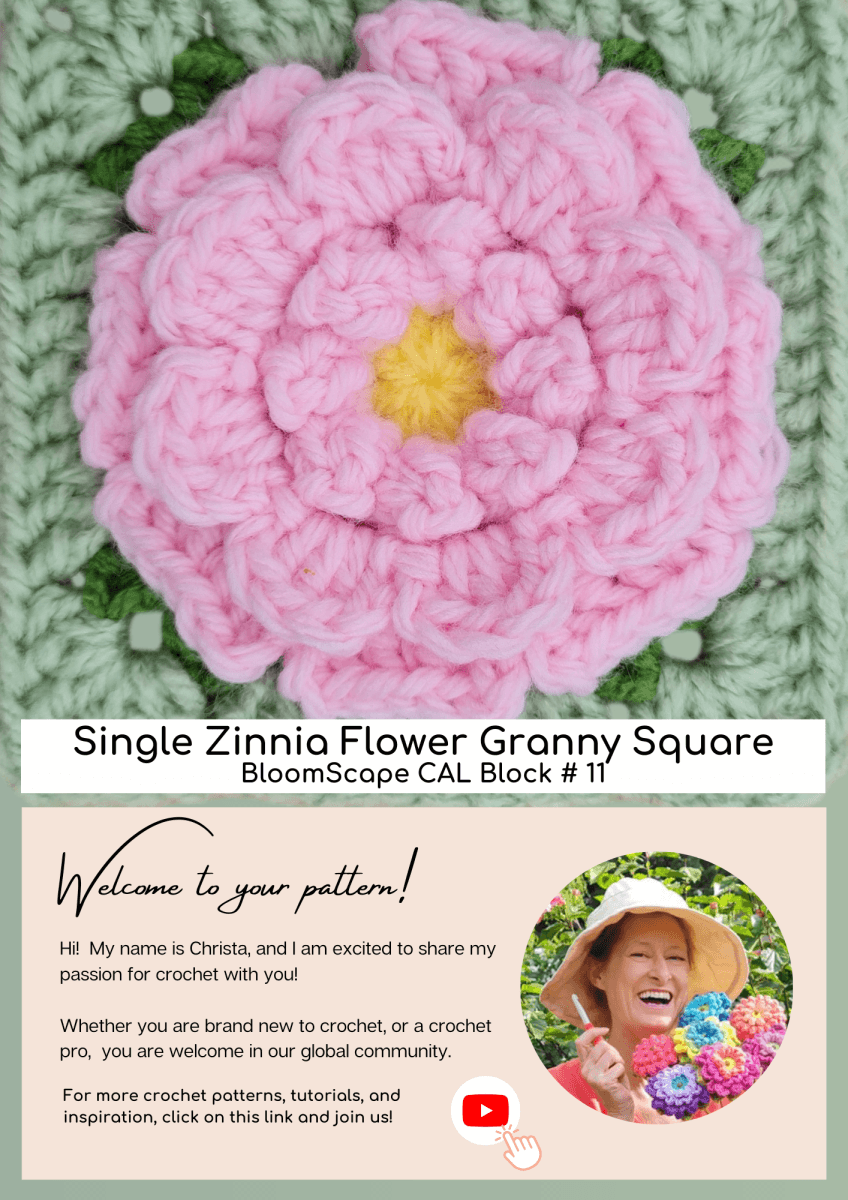 Single Zinnia Flower Granny Square - BloomScape CAL Block # 11.